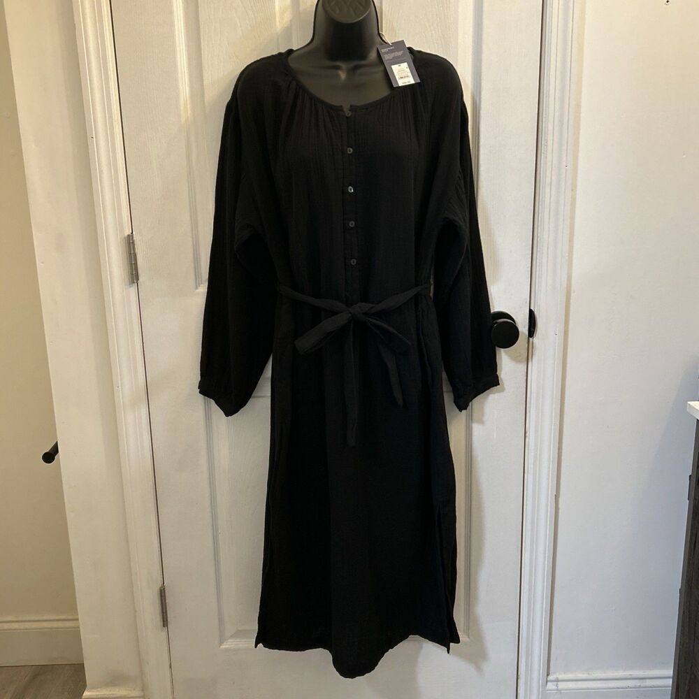 Universal Thread Black Belted Button Midi Dress Medium NWT Sleeve Pockets Womens